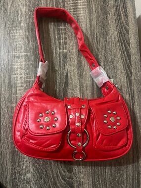Red Studded Shoulder Bag - Women's Fashion Handbag